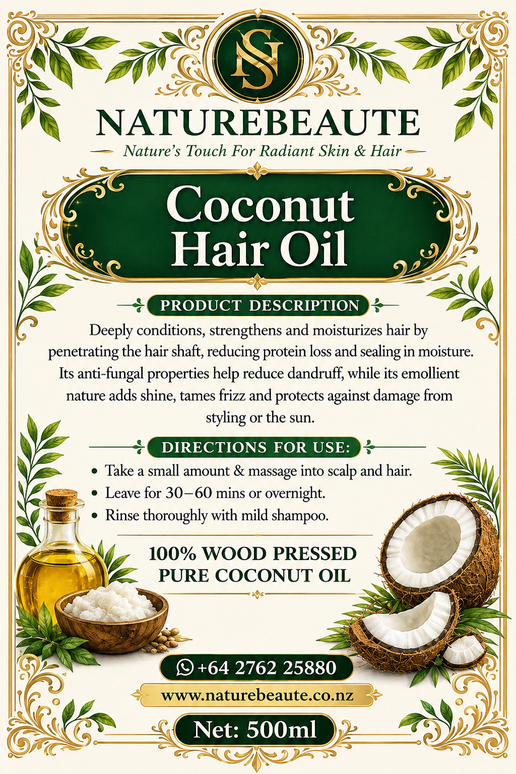 Cold pressed Extra Virgin 100% Coconut oil (500ml)