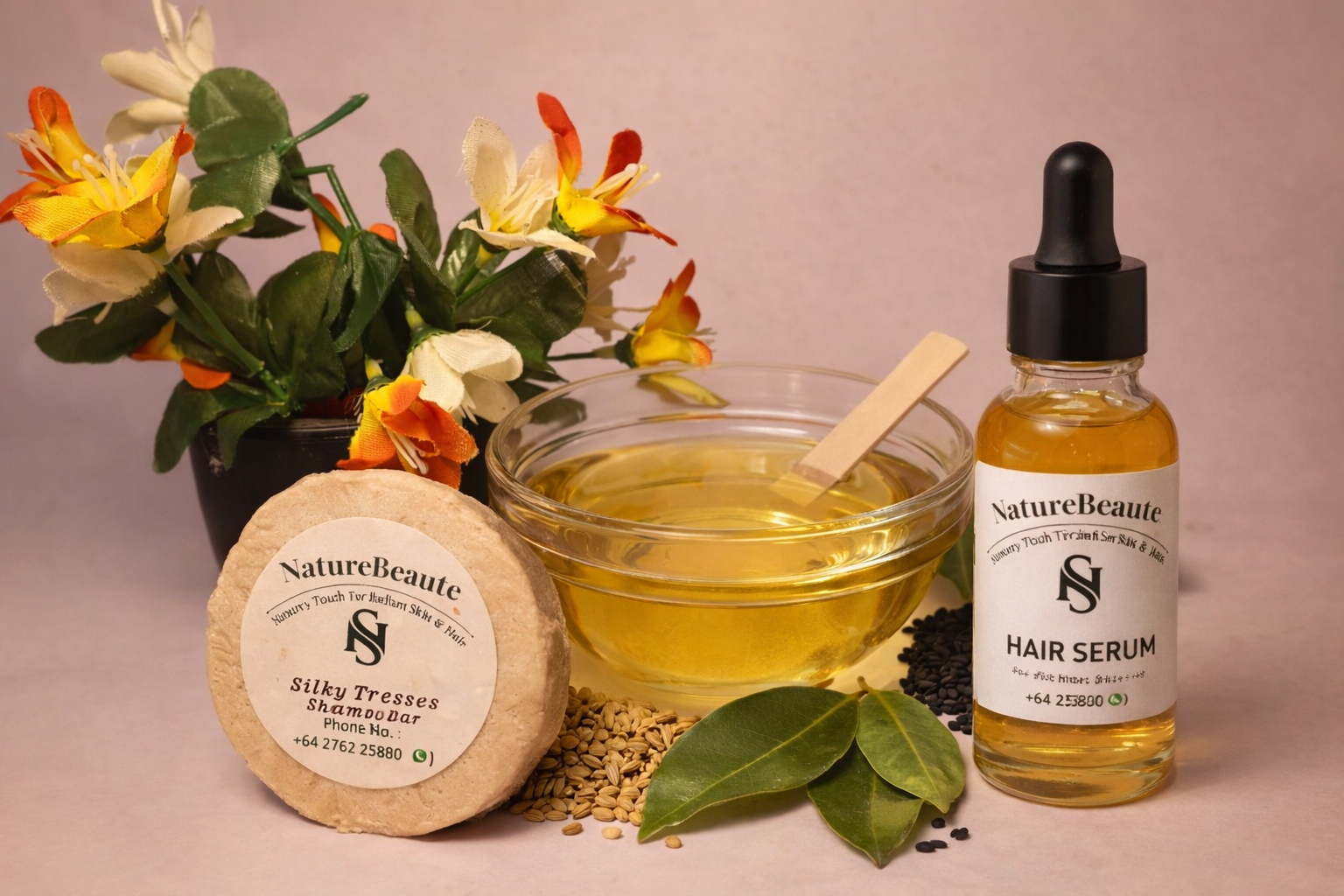 Combo Hair Care Essential (200ml Herbal Hair oil, 200ml Hair growth Serum with Silky Tresses Shampoo Bar) low in stock