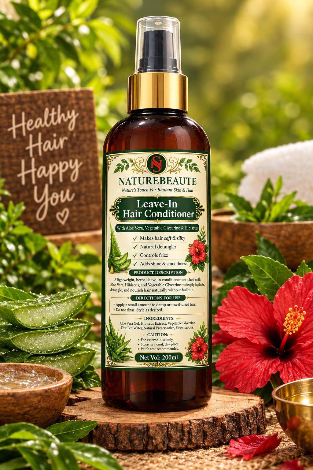 Leave-In Hair Conditioner – With Aloe Vera, Vegetable Glycerine & Hibiscus (200 ml)