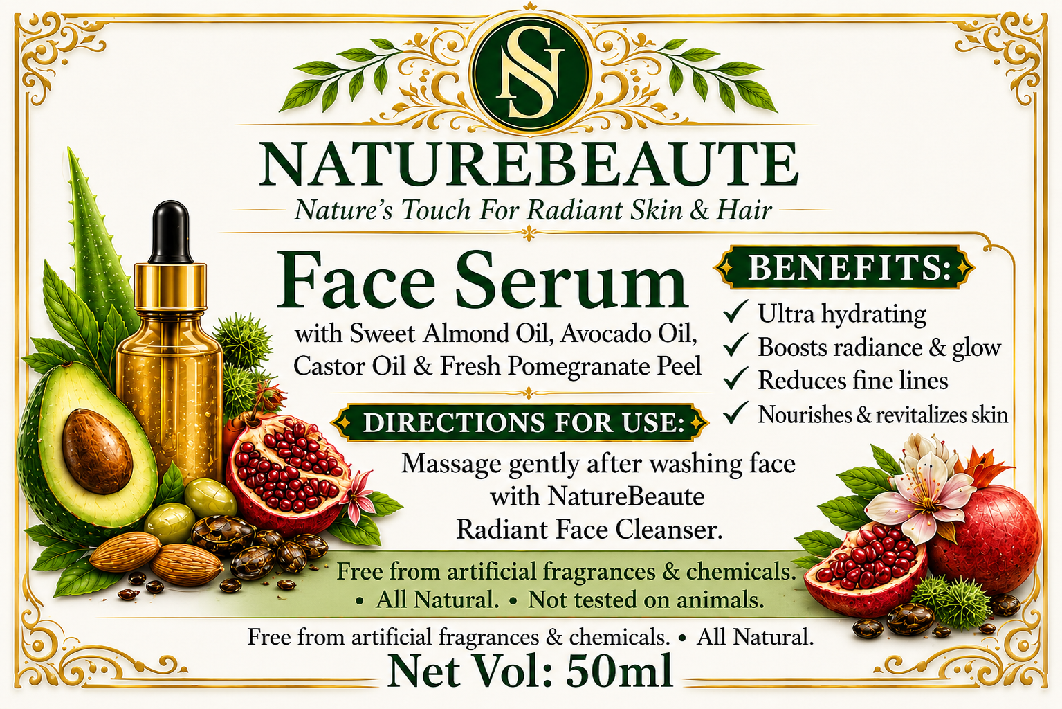 Face Serum – With Sweet Almond Oil, Avocado Oil, Castor Oil & Fresh Pomegranate Peel (50 ml)