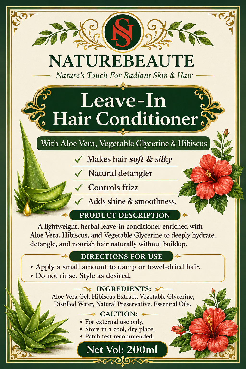 Leave-In Hair Conditioner – With Aloe Vera, Vegetable Glycerine & Hibiscus (200 ml)