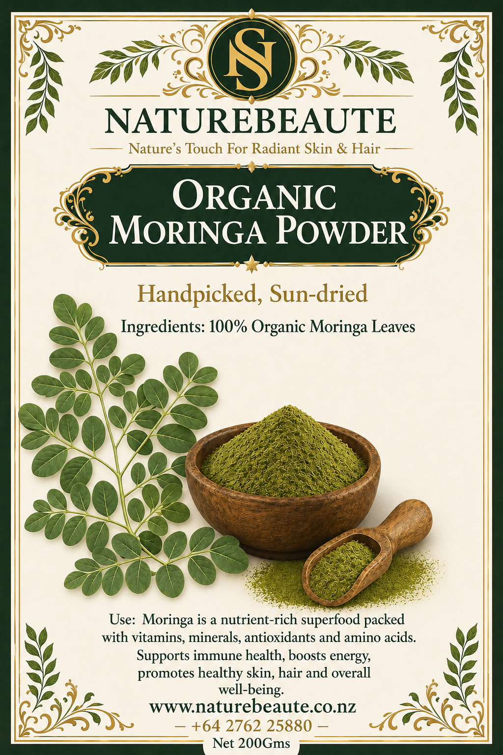 Organic Moringa Powder – Handpicked, Sun-Dried (200 g)